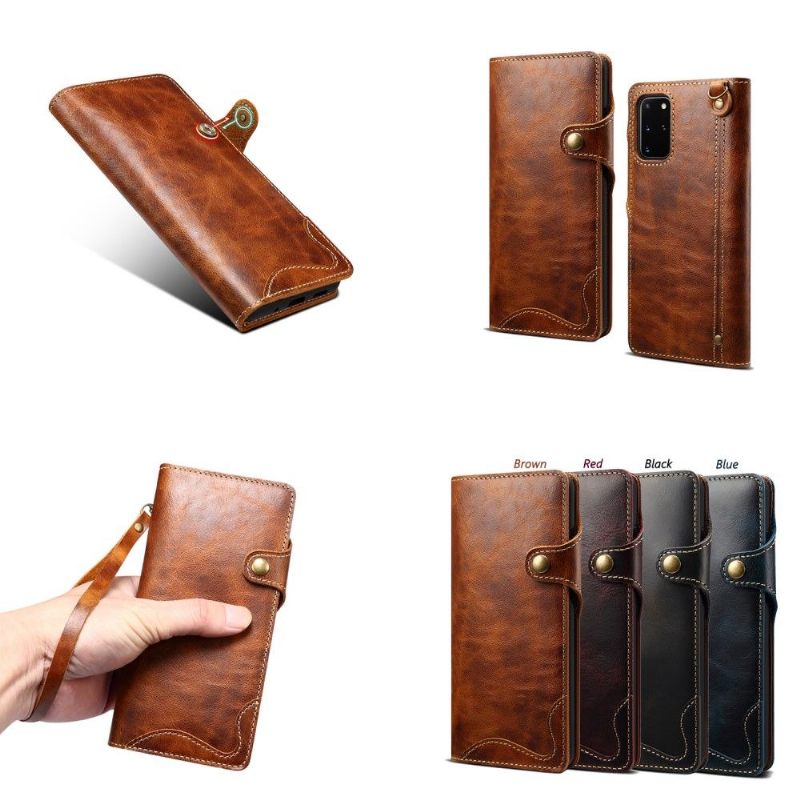 Folio-hoesje voor Samsung Galaxy S20 Plus Zichtbare Naden Van Echt Leer