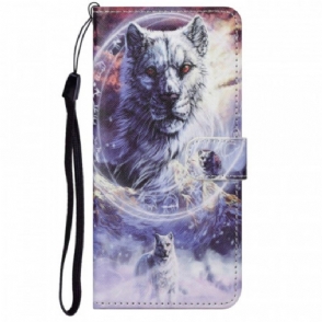 Leren Hoesje voor Moto G71 5G Wolf In De Winter Met Sleutelkoord