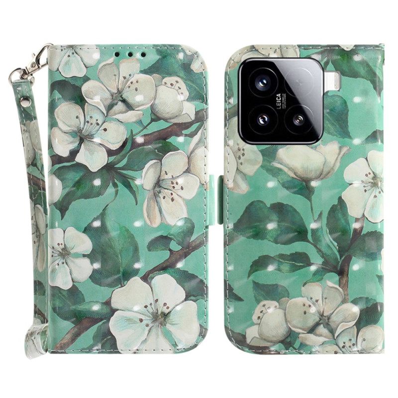 Folio-hoesje Xiaomi 15 Telefoonhoesje Sleutelkoord Met Aquarelbloemen