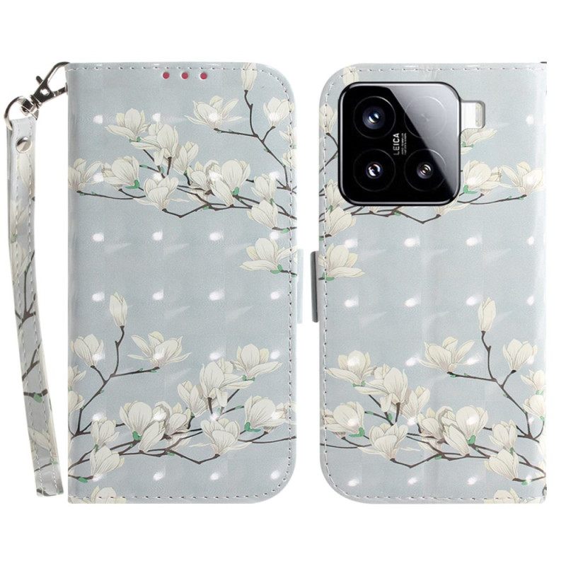Leren Hoesje Voor Xiaomi 15 Sleutelkoord Met Magnoliapatroon