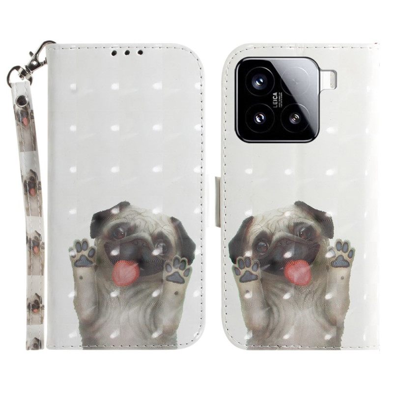 Leren Hoesje Voor Xiaomi 15 Sleutelkoord Met Mopshondpatroon