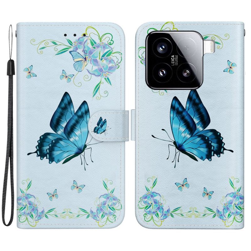 Leren Hoesje Xiaomi 15 Blauwe Vlinders En Bloemen Bescherming Hoesje