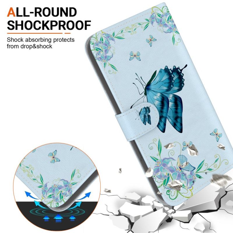 Leren Hoesje Xiaomi 15 Blauwe Vlinders En Bloemen Bescherming Hoesje