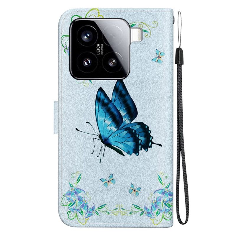 Leren Hoesje Xiaomi 15 Blauwe Vlinders En Bloemen Bescherming Hoesje