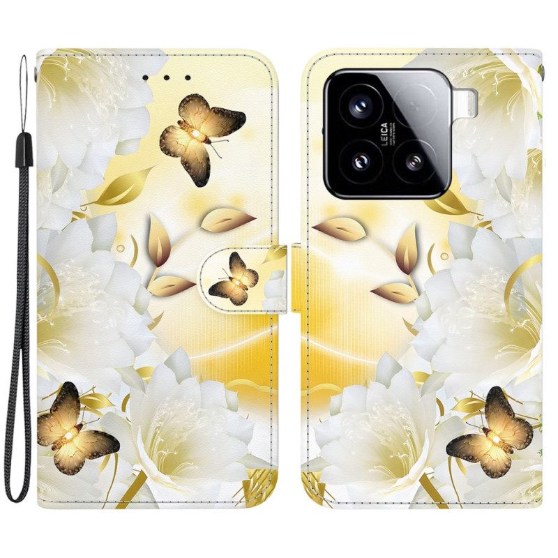 Leren Hoesje Xiaomi 15 Gouden Vlinders En Witte Bloemen