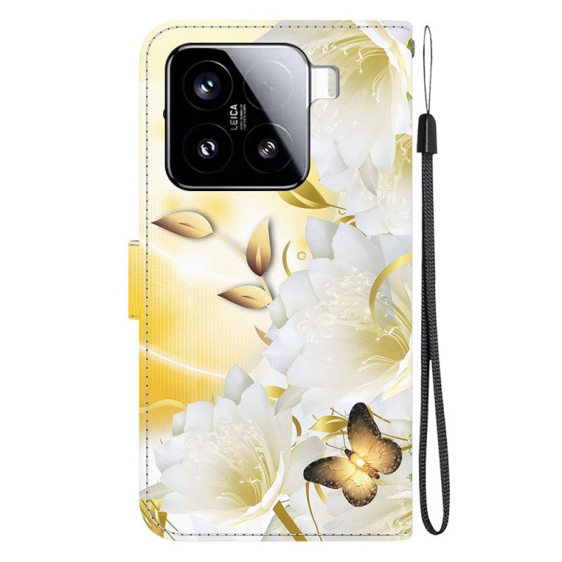 Leren Hoesje Xiaomi 15 Gouden Vlinders En Witte Bloemen