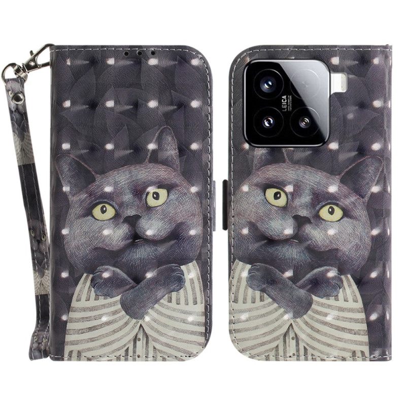 Leren Hoesje Xiaomi 15 Grijze Kat Met Bandje Bescherming Hoesje