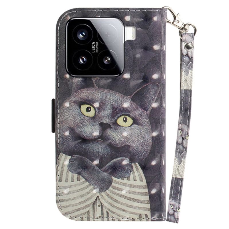 Leren Hoesje Xiaomi 15 Grijze Kat Met Bandje Bescherming Hoesje