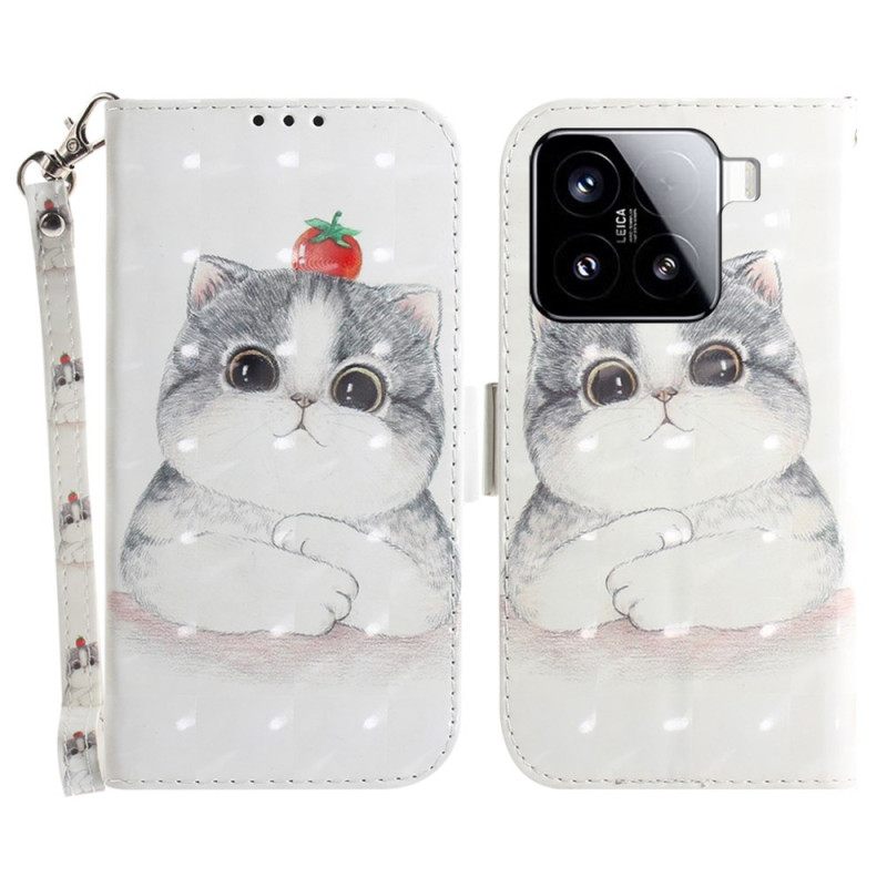 Leren Hoesje Xiaomi 15 Sleutelkoord Met Schattige Kat