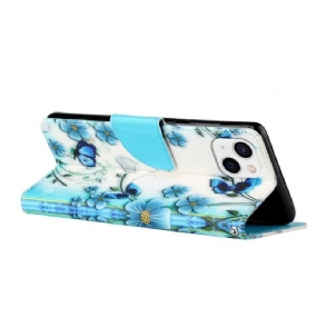 Folio-hoesje voor iPhone 13 Mini Anti-fall Blauwe Bloemen En Vlinders