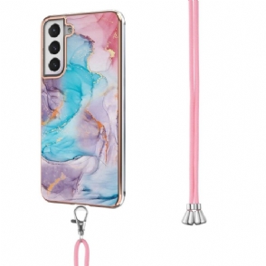 Hoesje voor Samsung Galaxy S21 FE Met Koord Blauw Gekleurd Marmer