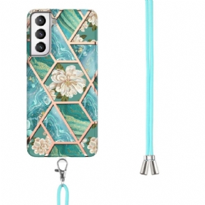 Hoesje voor Samsung Galaxy S21 FE Met Koord Marmer En Witte Bloemen