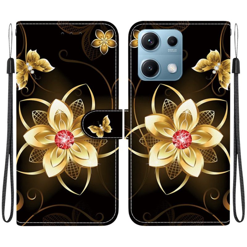 Leren Hoesje Xiaomi Redmi Note 14s Gouden Bloemenpatroon Bescherming Hoesje