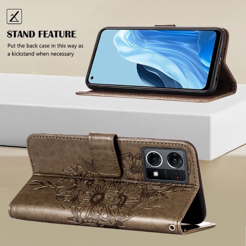 Leren Hoesje voor Oppo Reno 7 Kaarthouder Met Vlinderbloem