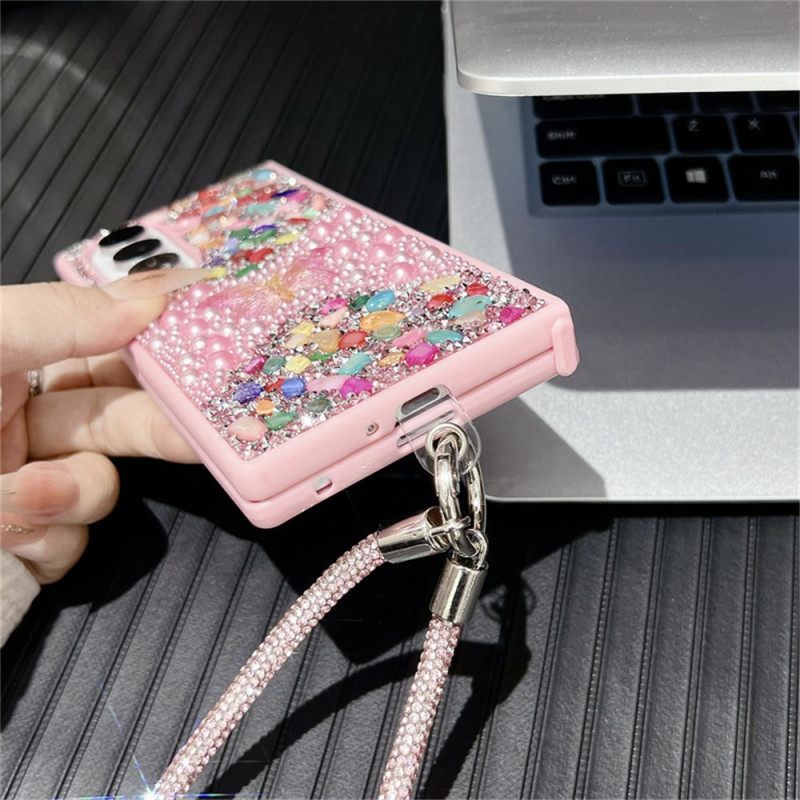 Hoesje Samsung Galaxy Z Fold 7 Vlinder Met Strasssteentjes En Riem Bescherming Hoesje