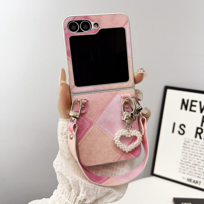 Case Hoesje Samsung Galaxy Z Flip 7 Fe Telefoonhoesje Diamantpatroon Met Bandje