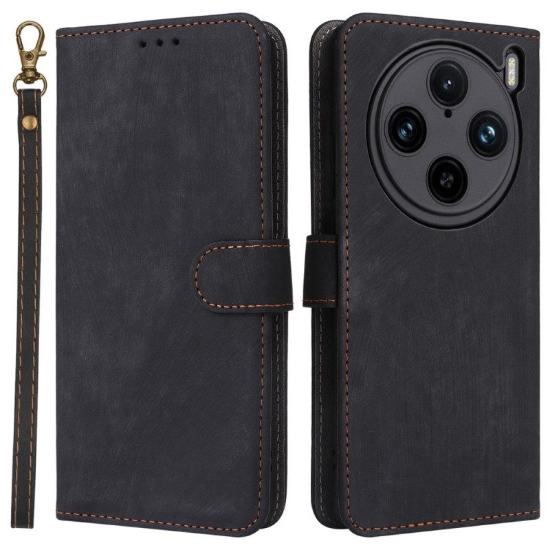 Leren Hoesje Vivo X100 Pro Bandje Met Suèdelook