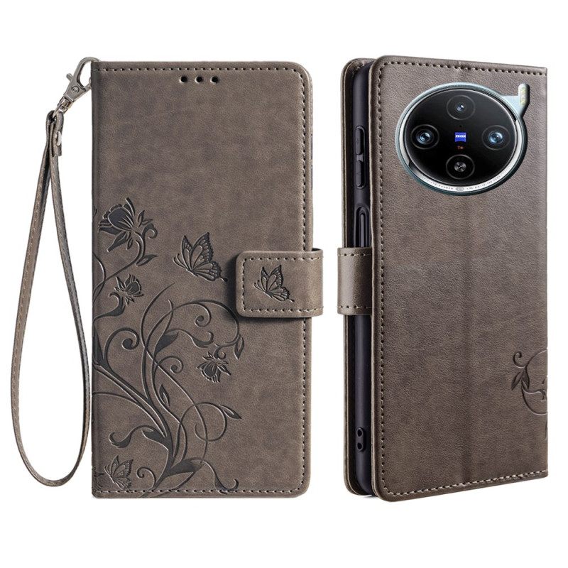Leren Hoesje Vivo X100 Pro Bloemenband Bescherming Hoesje