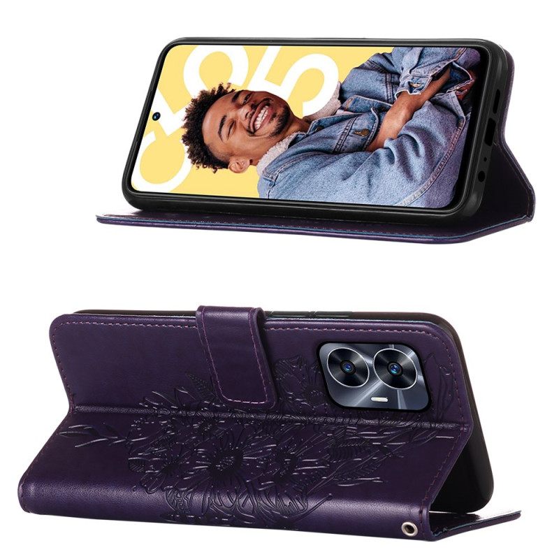 Folio-hoesje Realme C55 Portemonnee Met Bandje En Bloemen- En Vlinderpatroon