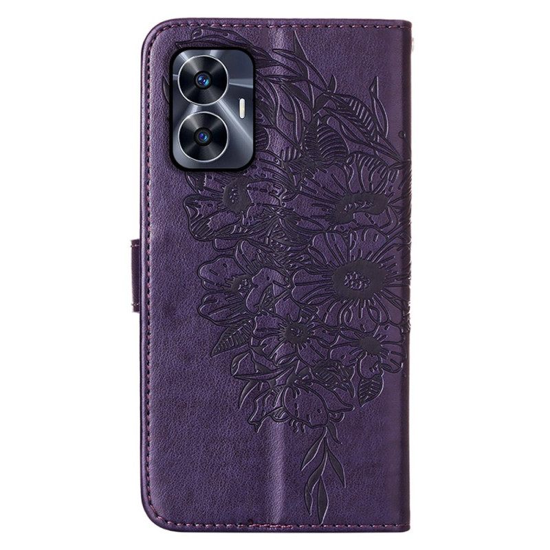 Folio-hoesje Realme C55 Portemonnee Met Bandje En Bloemen- En Vlinderpatroon