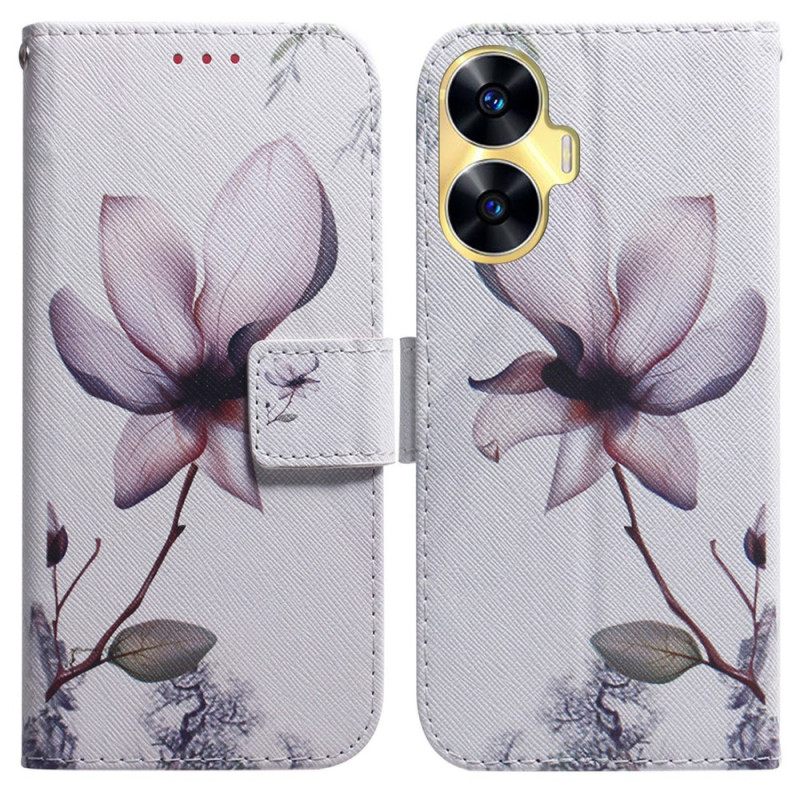 Leren Hoesje Voor Realme C55 Roze Bloem