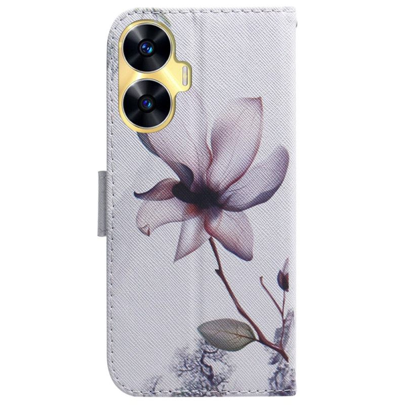 Leren Hoesje Voor Realme C55 Roze Bloem