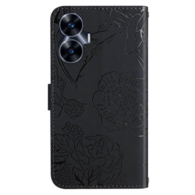 Leren Hoesje Voor Realme C55 Schouderbandje Met Vlinderprint