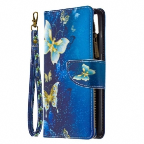 Leren Hoesje voor Realme C11 Zak Met Ritssluiting Gouden Vlinders