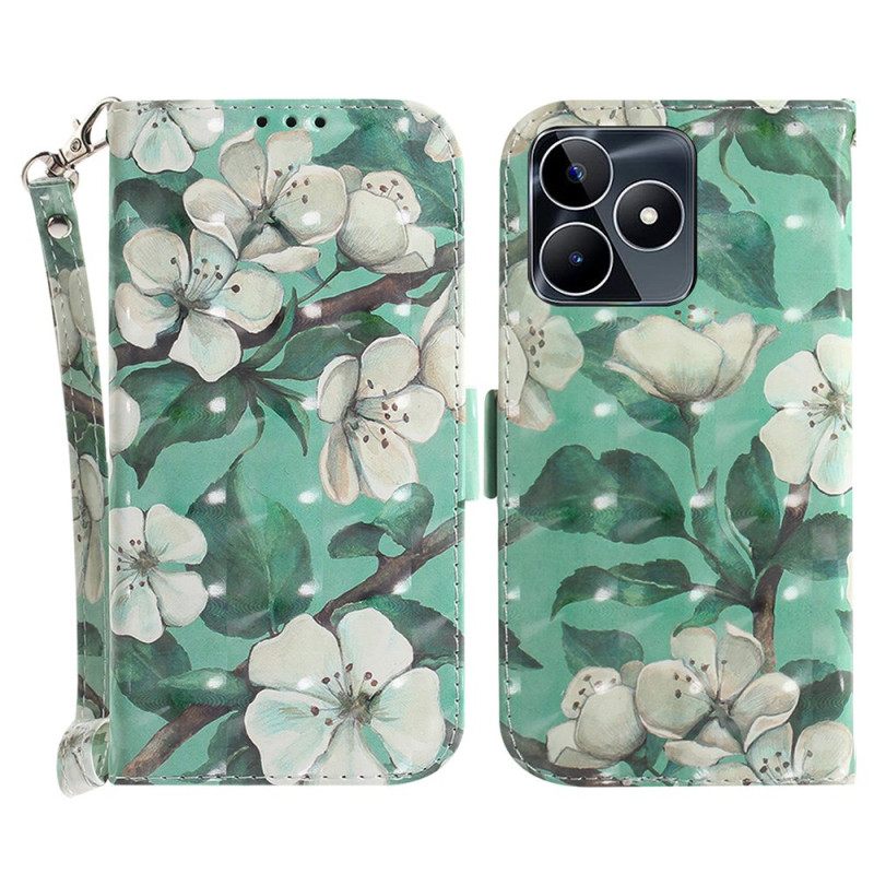 Folio-hoesje Realme C53 Houder Met Aquarelbloemen En Koord