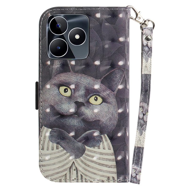 Folio-hoesje Realme C53 Telefoonhoesje Houder Met Grijze Kat En Koord