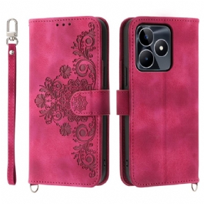 Leren Hoesje Voor Realme C53 Bloemenprint Met Bandje En Schouderbandje