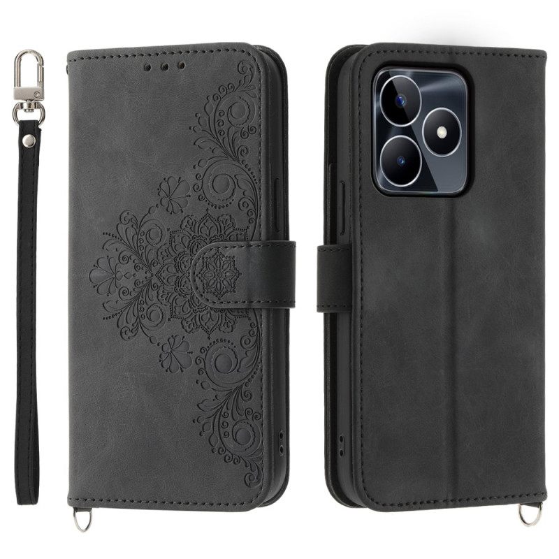 Leren Hoesje Voor Realme C53 Bloemenprint Met Bandje En Schouderbandje