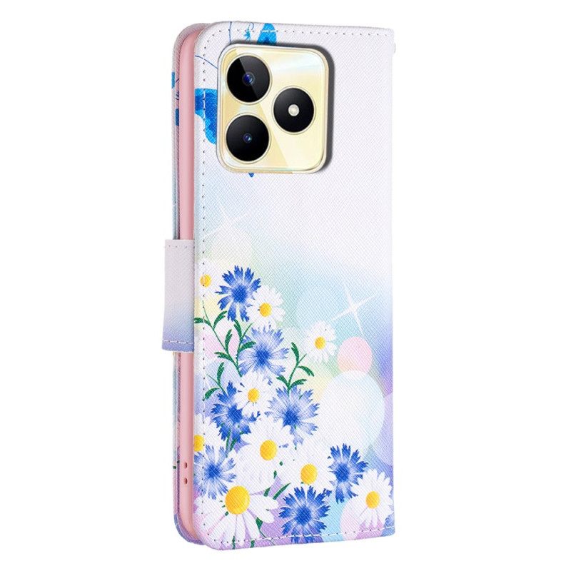 Leren Hoesje Voor Realme C53 Vlinder En Bloemen Aquarel