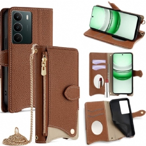 Flip Case Leren Realme C71 Tweekleurige Portemonnee Met Spiegel En Schouderband