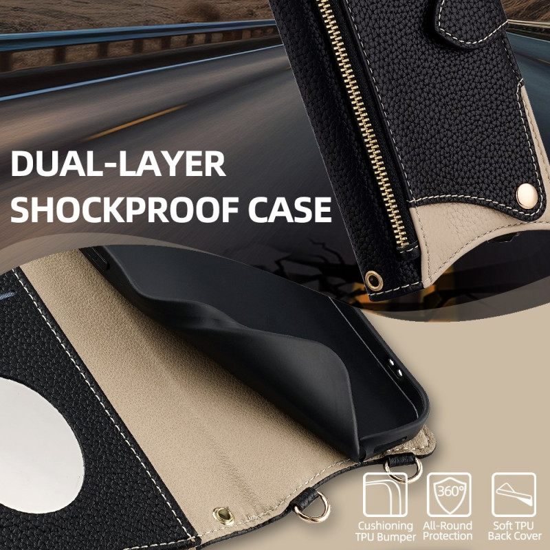 Flip Case Leren Realme C71 Tweekleurige Portemonnee Met Spiegel En Schouderband