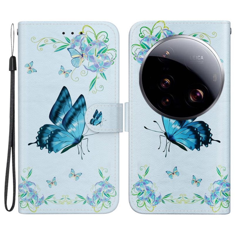 Flip Case Leren Xiaomi 15 Ultra Blauwe Vlinder En Bloemen