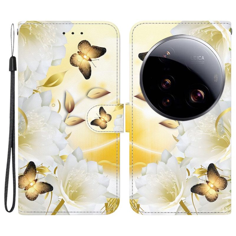 Folio-hoesje Xiaomi 15 Ultra Gouden Vlinders En Witte Bloemen