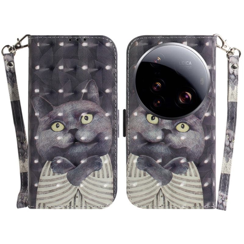 Folio-hoesje Xiaomi 15 Ultra Grijze Kat Met Sleutelkoord
