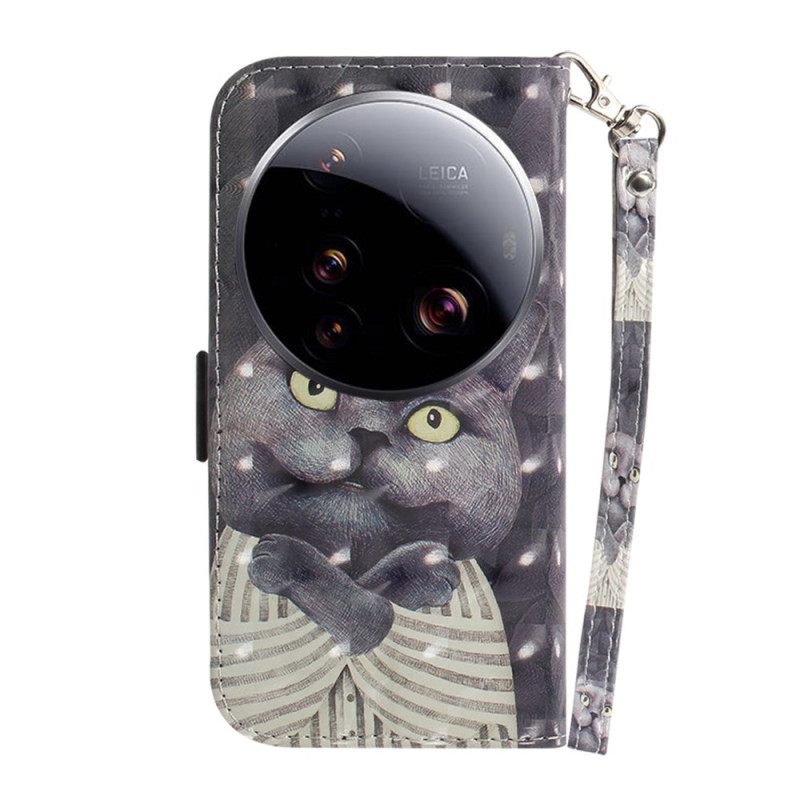 Folio-hoesje Xiaomi 15 Ultra Grijze Kat Met Sleutelkoord