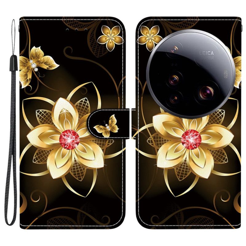 Leren Hoesje Xiaomi 15 Ultra Gouden Bloem Bescherming Hoesje