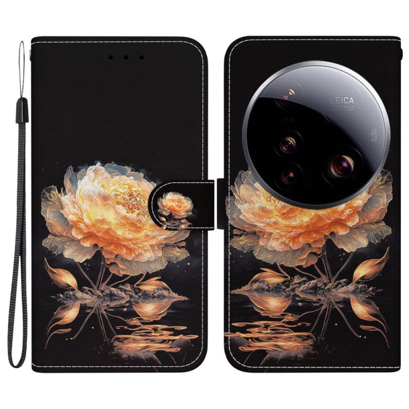 Leren Hoesje Xiaomi 15 Ultra Gouden Pioenroos Bescherming Hoesje