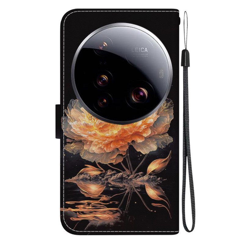 Leren Hoesje Xiaomi 15 Ultra Gouden Pioenroos Bescherming Hoesje