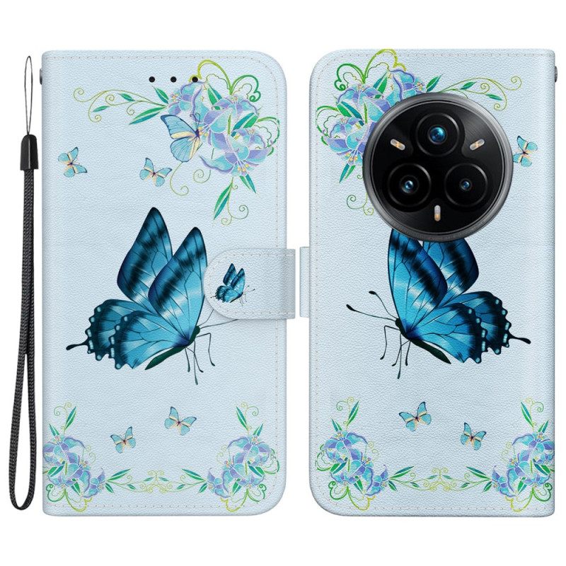 Leren Hoesje Realme 14 Pro Plus 5g Blauwe Vlinders En Bloemen
