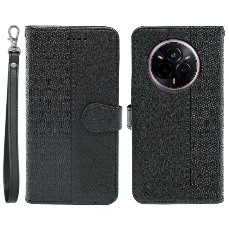 Leren Hoesje Voor Realme 14 Pro Plus 5g Bandje Met Kubistisch Patroon
