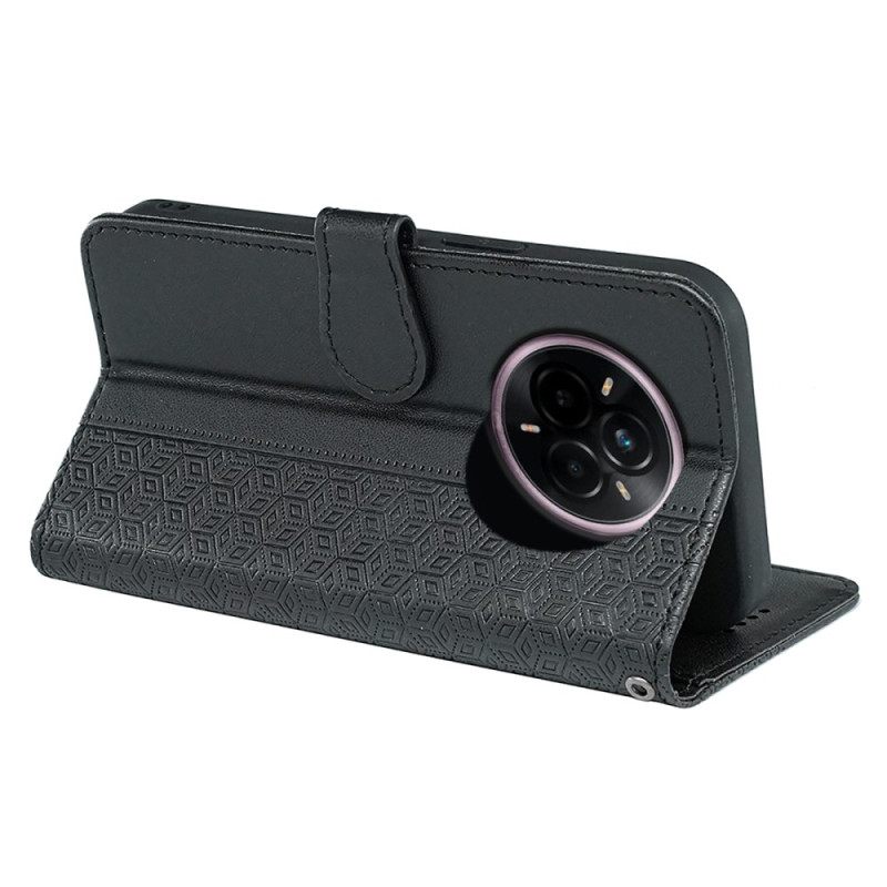 Leren Hoesje Voor Realme 14 Pro Plus 5g Bandje Met Kubistisch Patroon