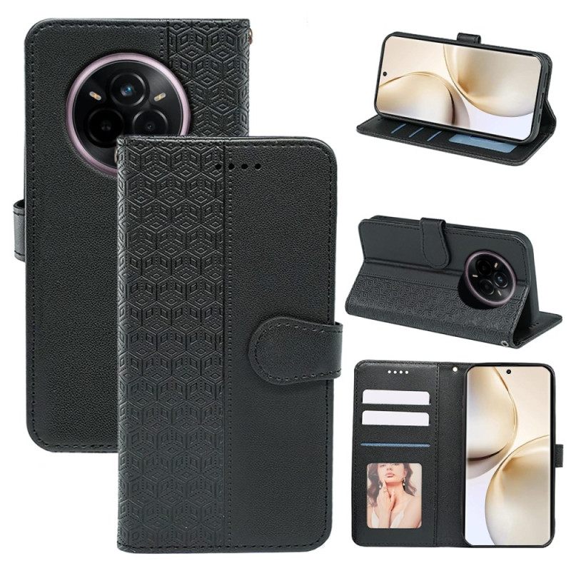 Leren Hoesje Voor Realme 14 Pro Plus 5g Bandje Met Kubistisch Patroon