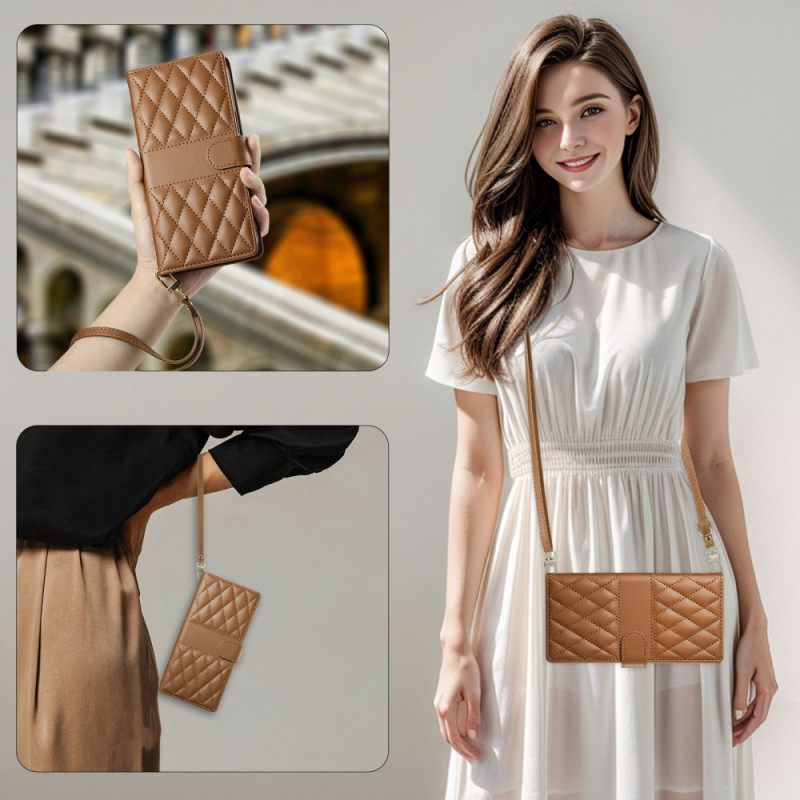 Leren Hoesje Voor Realme 14 Pro Plus 5g Gewatteerd Met Bandje En Schouderband