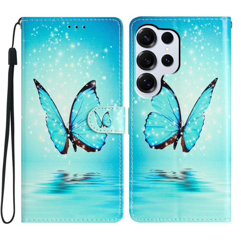 Leren Hoesje Voor Samsung Galaxy S26 Ultra Blauwe Vlinder Op Het Water
