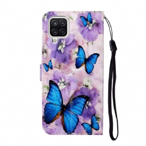 Folio-hoesje voor Samsung Galaxy A12 Blauwe Vlinders En Bloemen