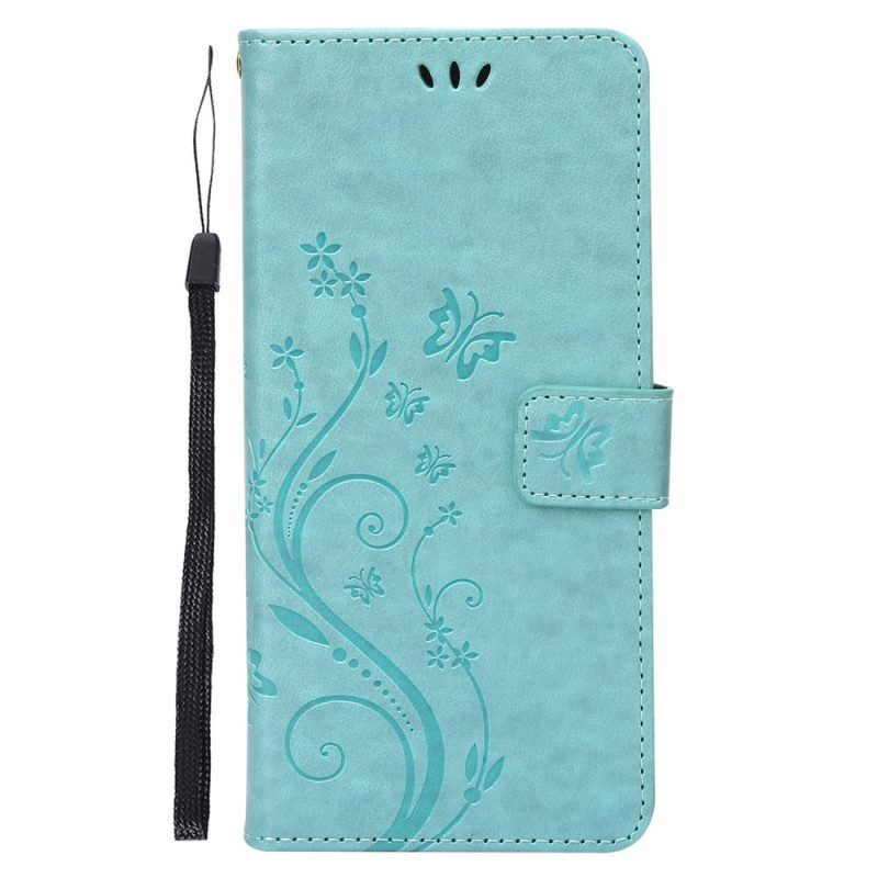 Folio-hoesje voor Google Pixel 7 Met Ketting Bloemen En Vlinders Met Riem